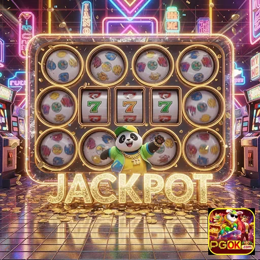 Imagem de uma máquina caça-níquel com panda e jackpot no site pgok.